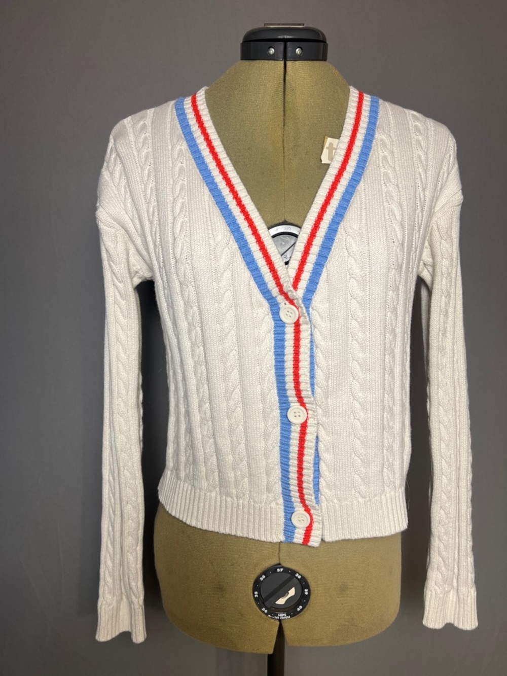 Prince Cream Cable-Knit Cardigan with Red & Blue Trim